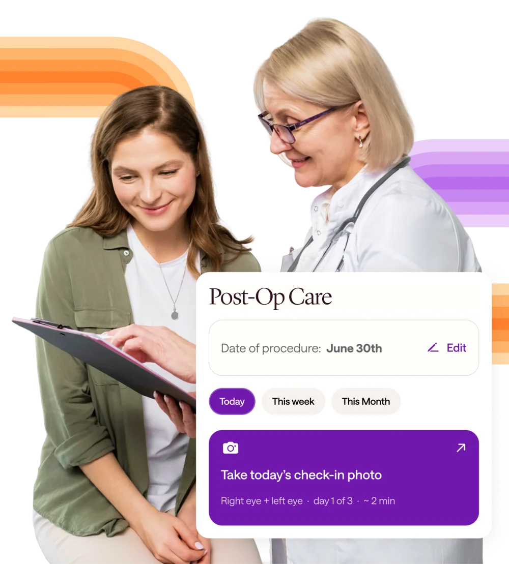 A clinician reviewing a Post-Op Care recovery plan with a patient