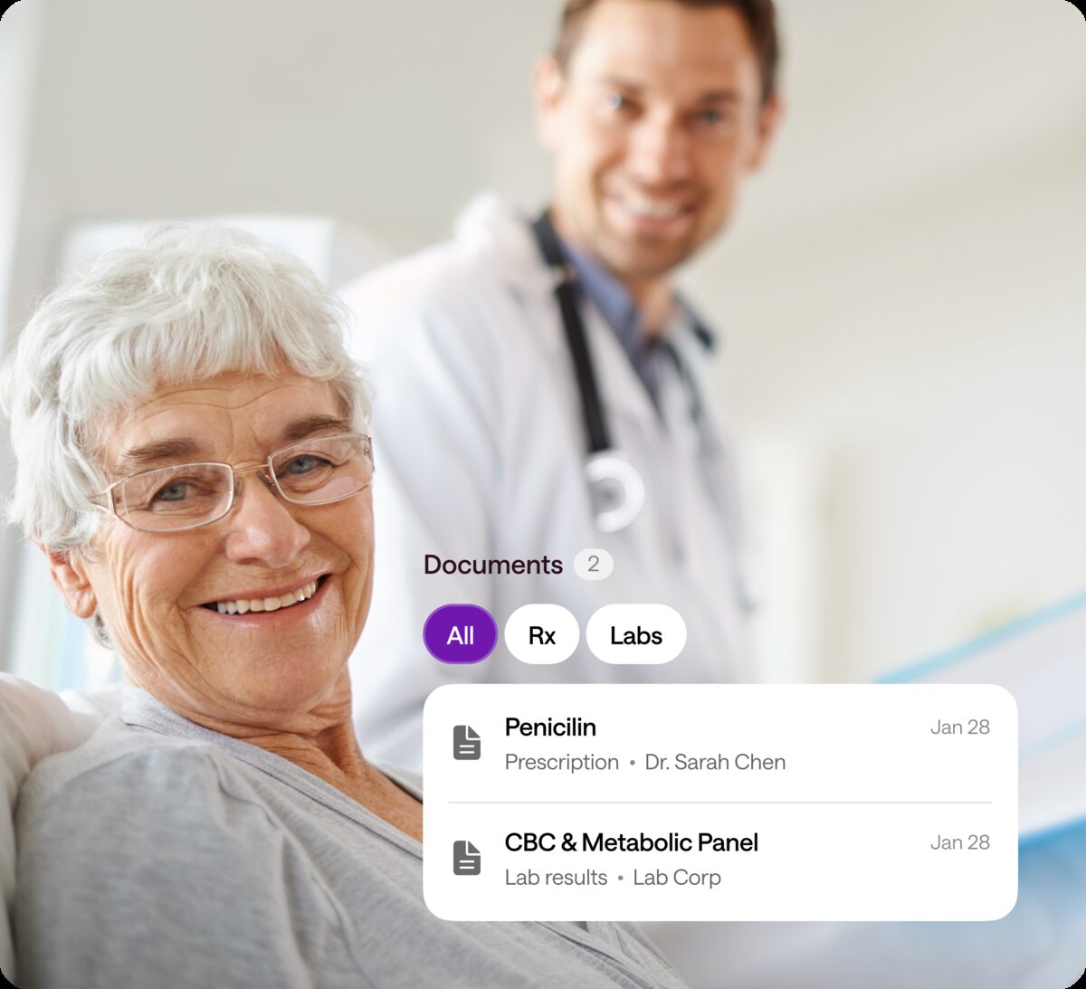 A patient and her doctor, with prescriptions and lab results collected in the Joji app