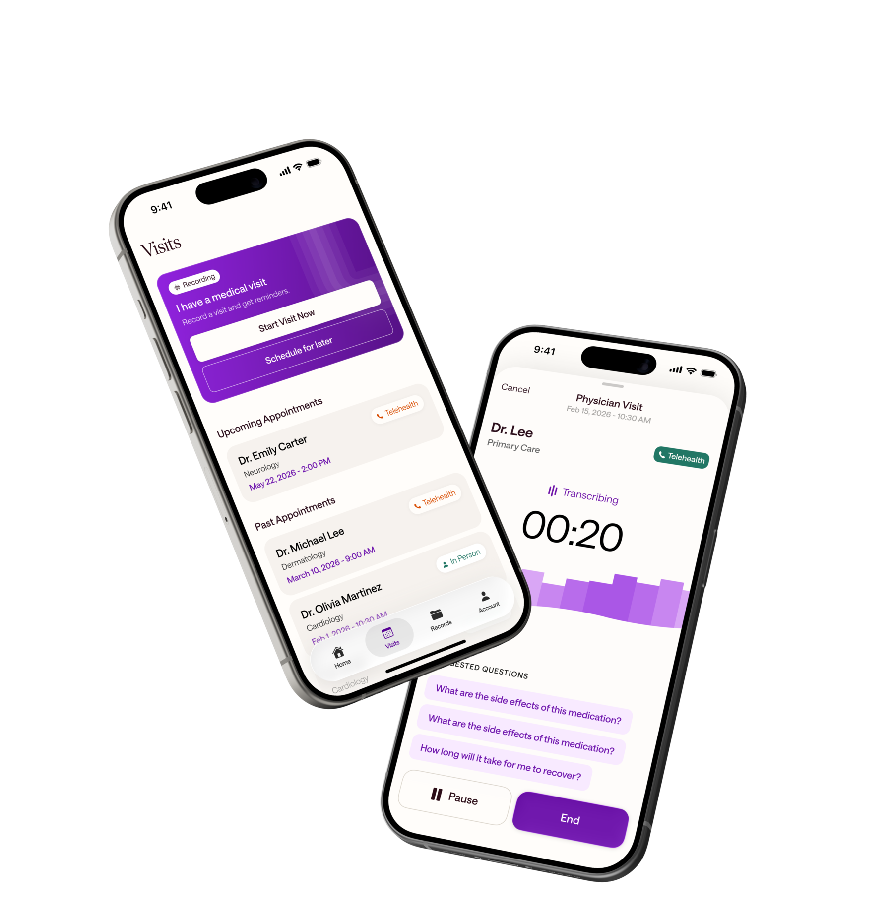 The Joji app showing visit recordings, medical records, and reminders