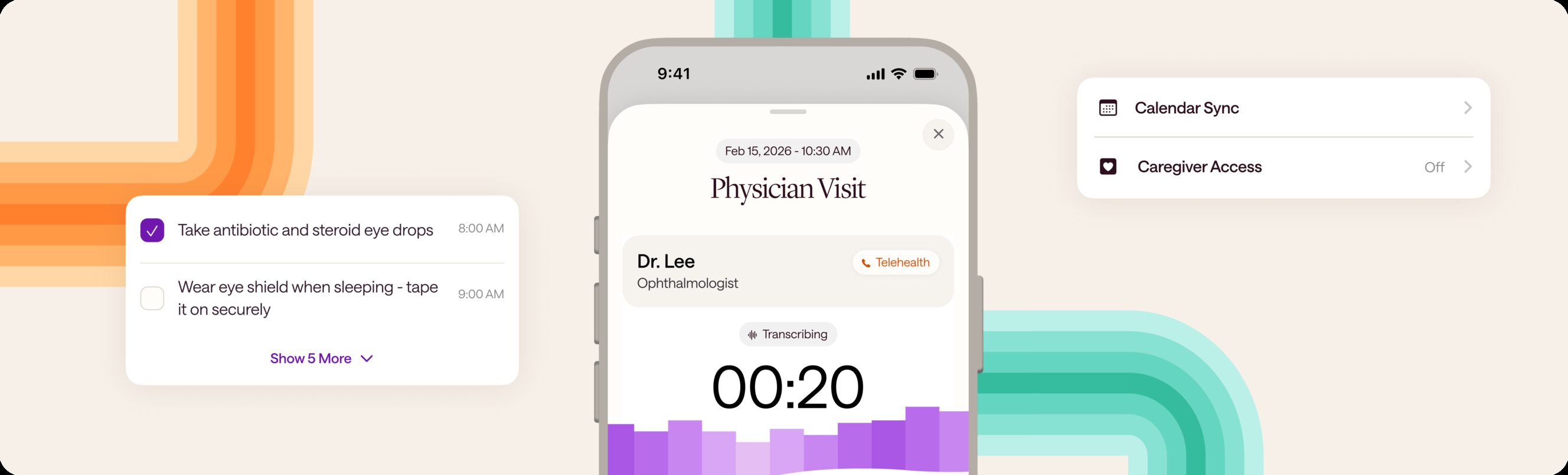 A recorded physician visit in the Joji app, with a daily checklist, calendar sync, and caregiver access