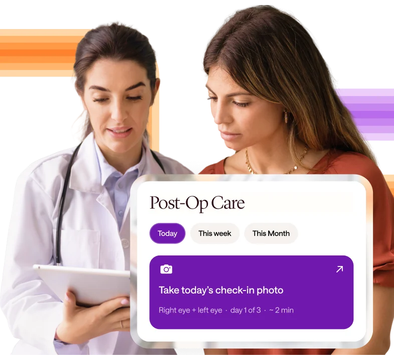 A clinician with a stethoscope and a tablet beside a patient, next to a Post-Op Care recovery plan