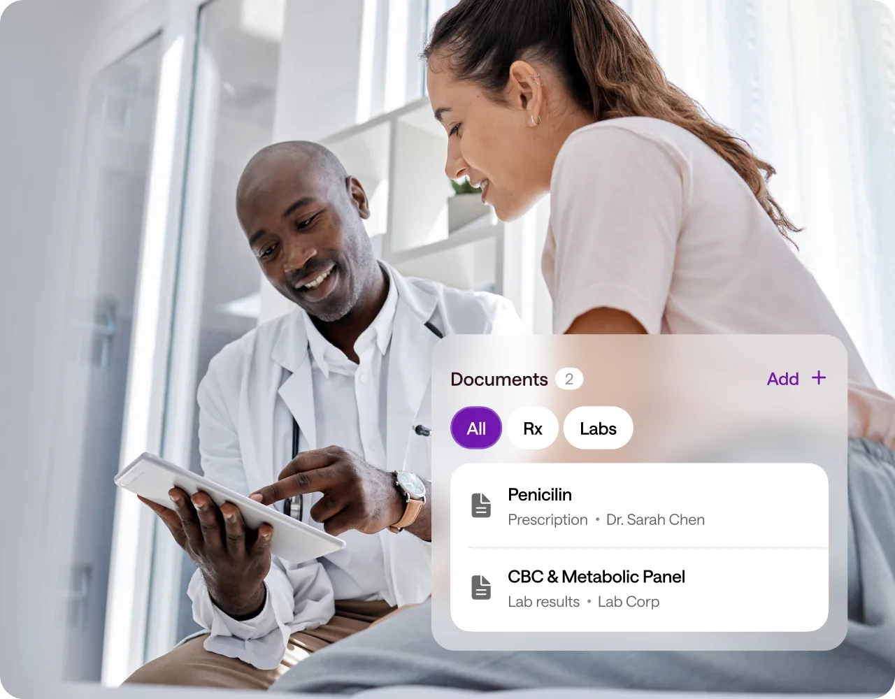 A patient and her doctor reviewing lab results and a prescription in the Joji app