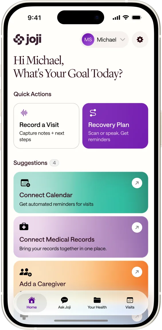 The Joji app home screen, with quick actions to record a visit, start a recovery plan, and connect medical records