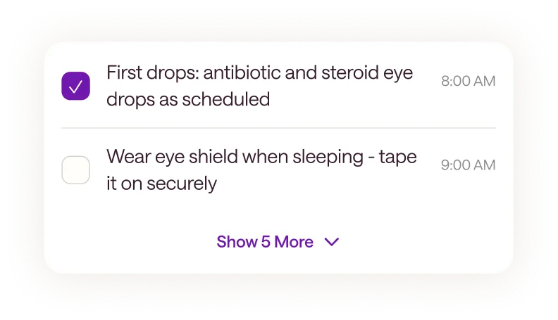 A recovery checklist with timed reminders for eye drops and an eye shield