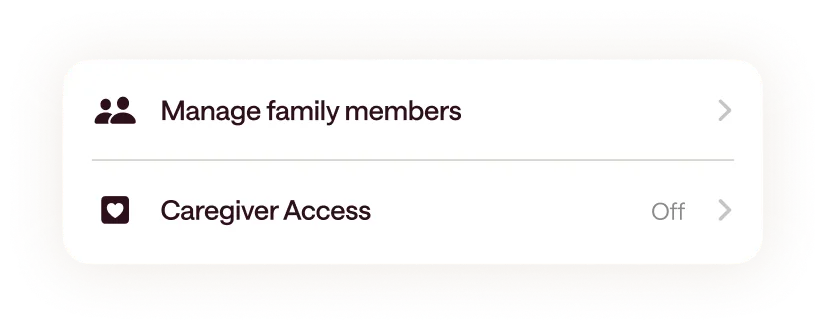 Settings for managing family members and caregiver access